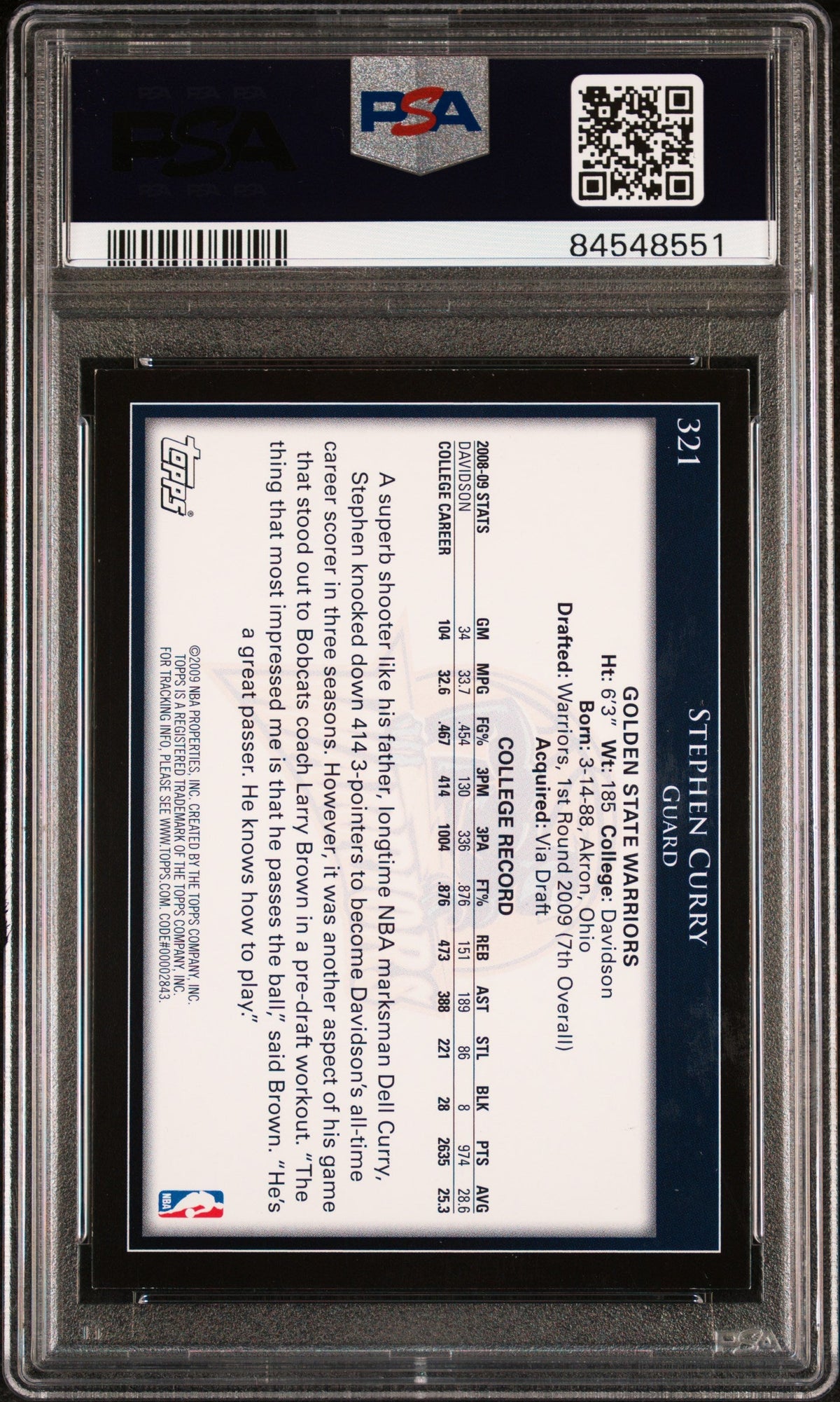 2009 Topps #321 Stephen Curry Signed Card Auto 10 PSA 8 Slabbed GS Warriors