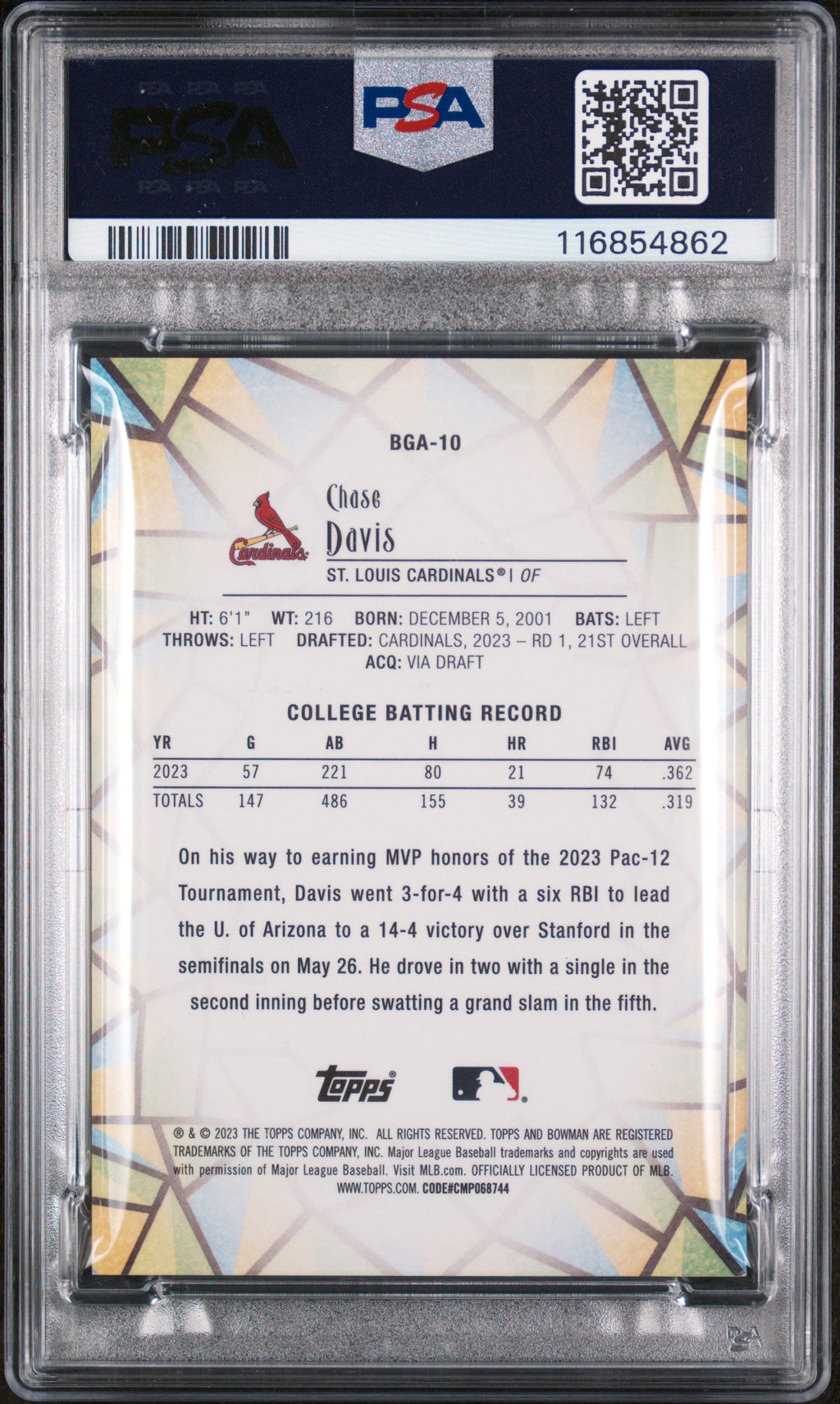 2023 Bowman Draft Bowman Glass #BGA10 Chase Davis signed card PSA A Auto A