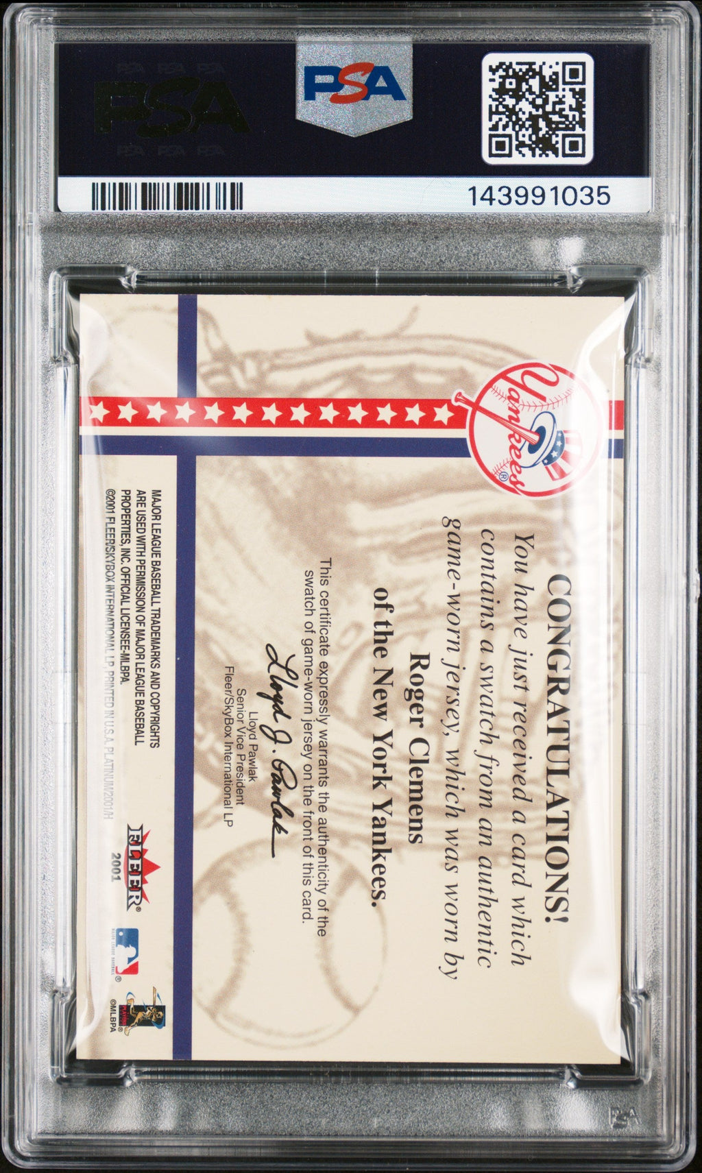2001 Fleer Platinum National Patch Roger Clemens Signed Card Auto 10 PSA Yankees