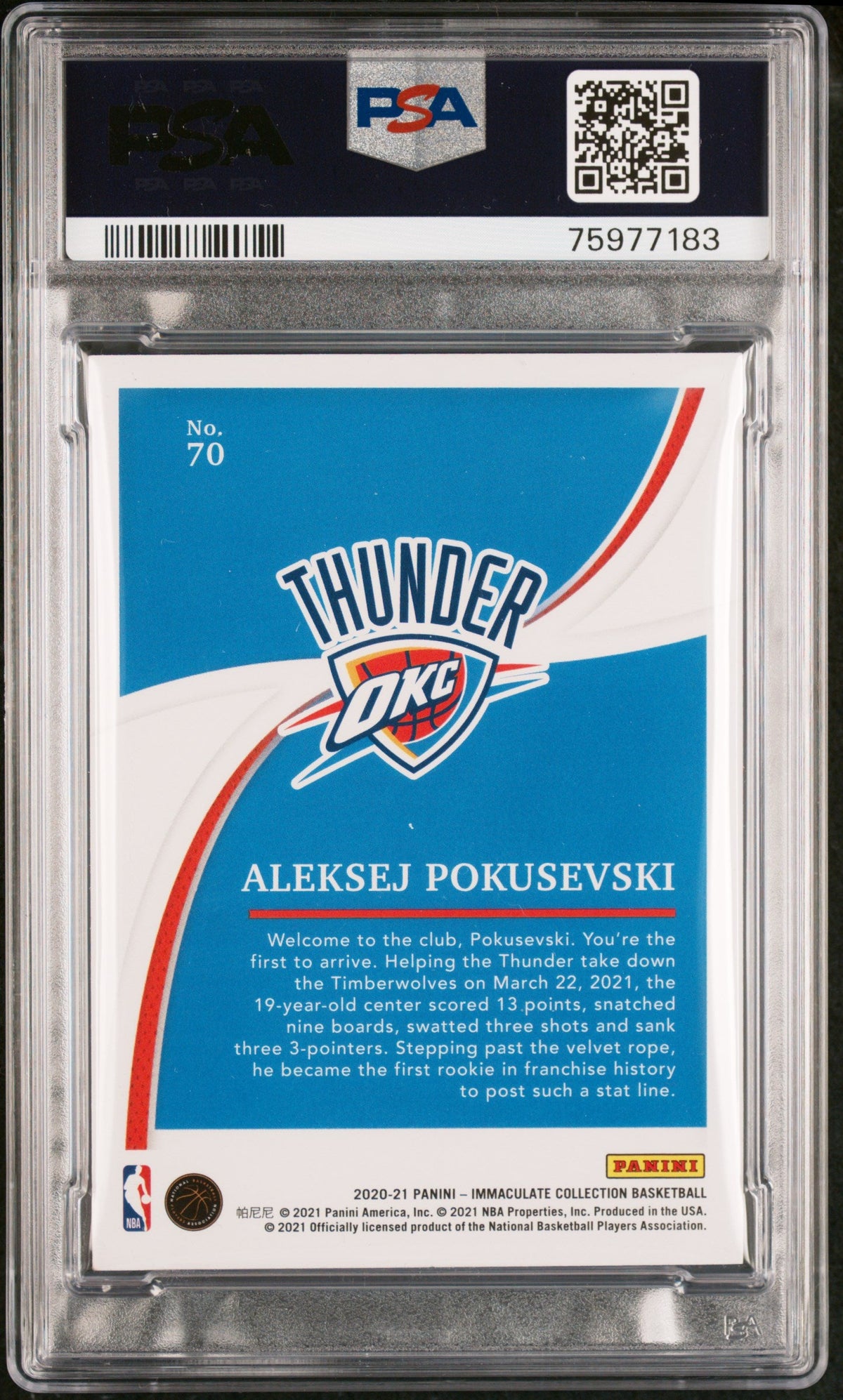 2020 Panini Immaculate Collection #70 Aleksej Pokusevski Signed Card PSA Auto