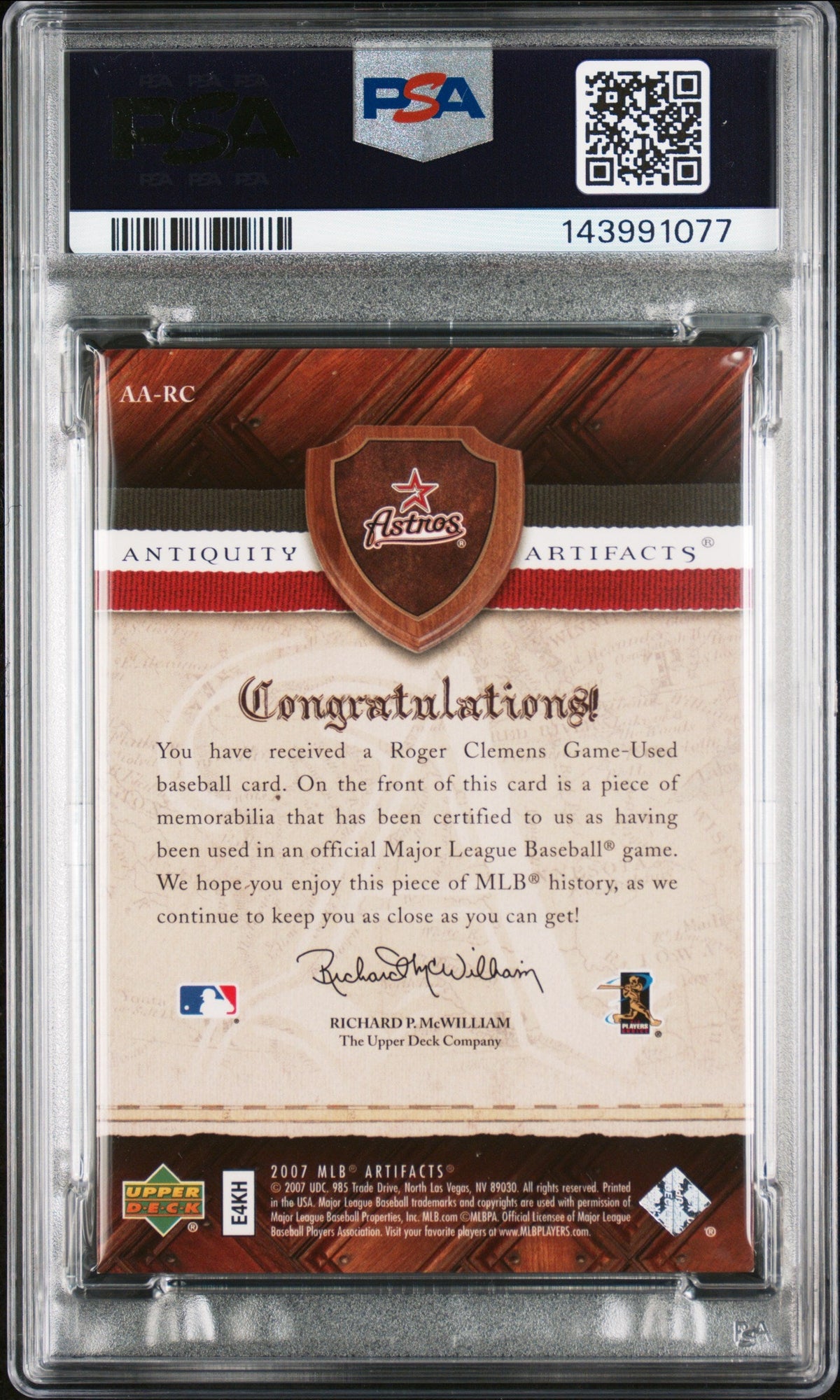 2007 Upper Deck Artifacts Pat#AA-RC Roger Clemens Signed Card Auto 10 PSA Astros