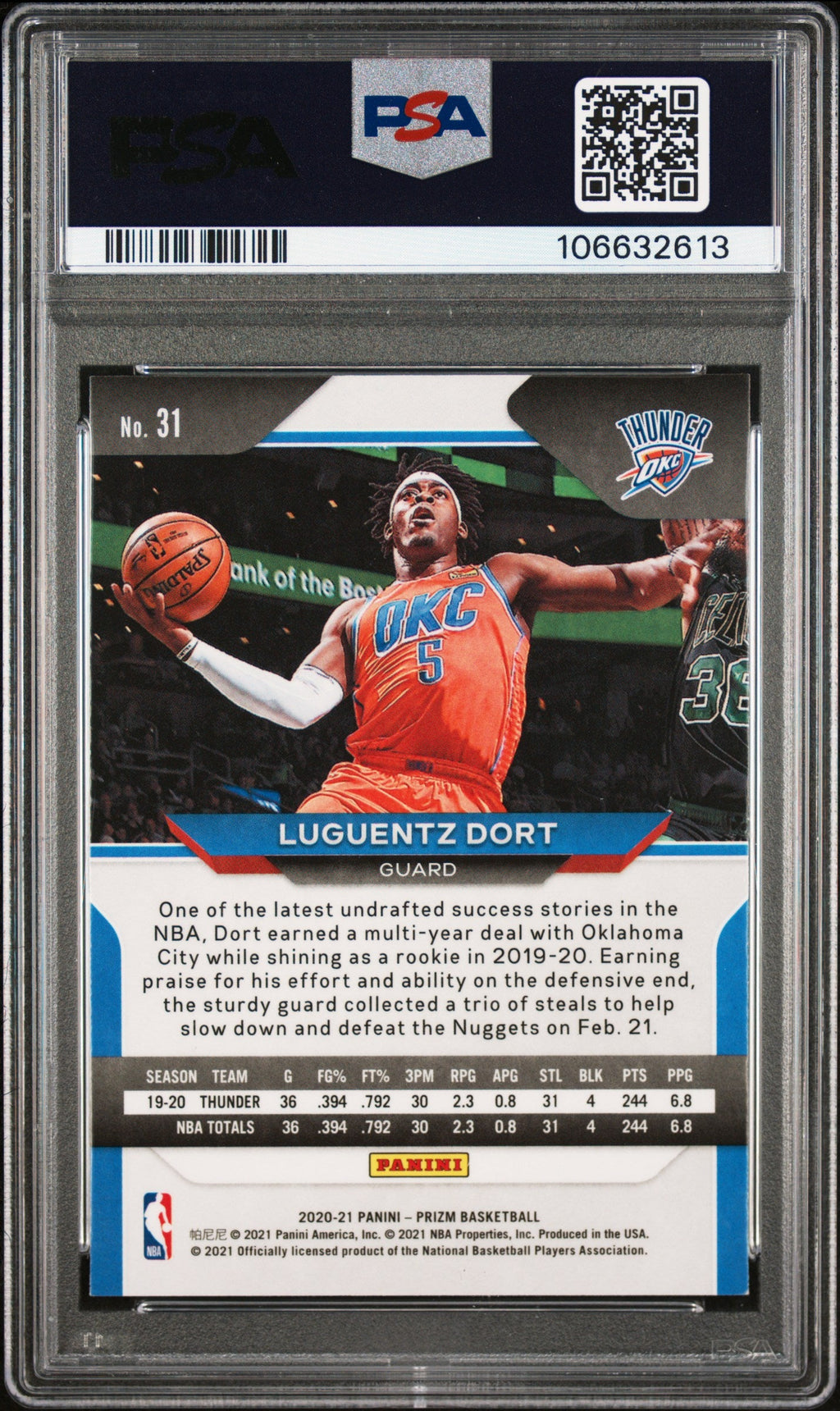 2020 Panini Prizm #31 Luguentz Dort signed card PSA 8 Auto 10
