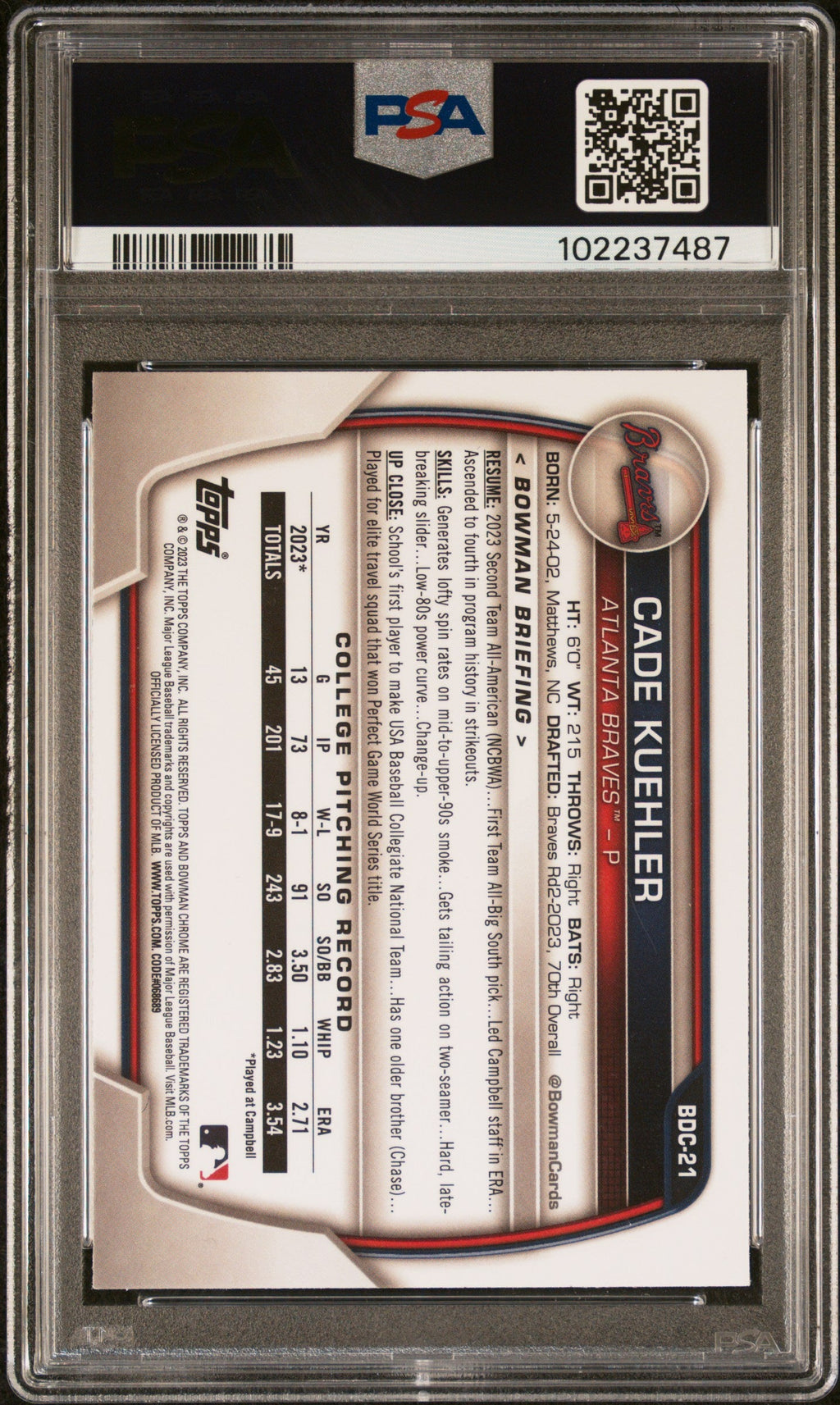 2023 Bowman Draft #BDC21 Cade Kuehler PSA A Auto 10