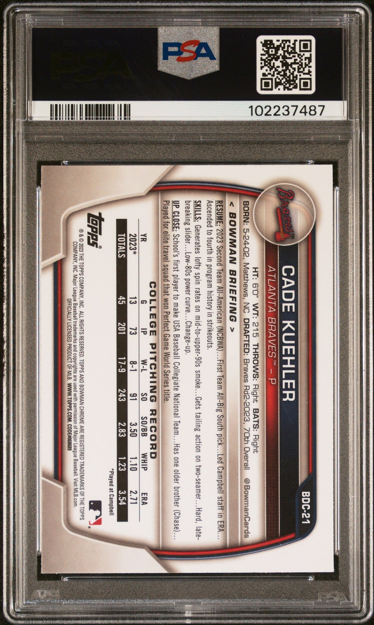 2023 Bowman Draft #BDC21 Cade Kuehler PSA A Auto 10