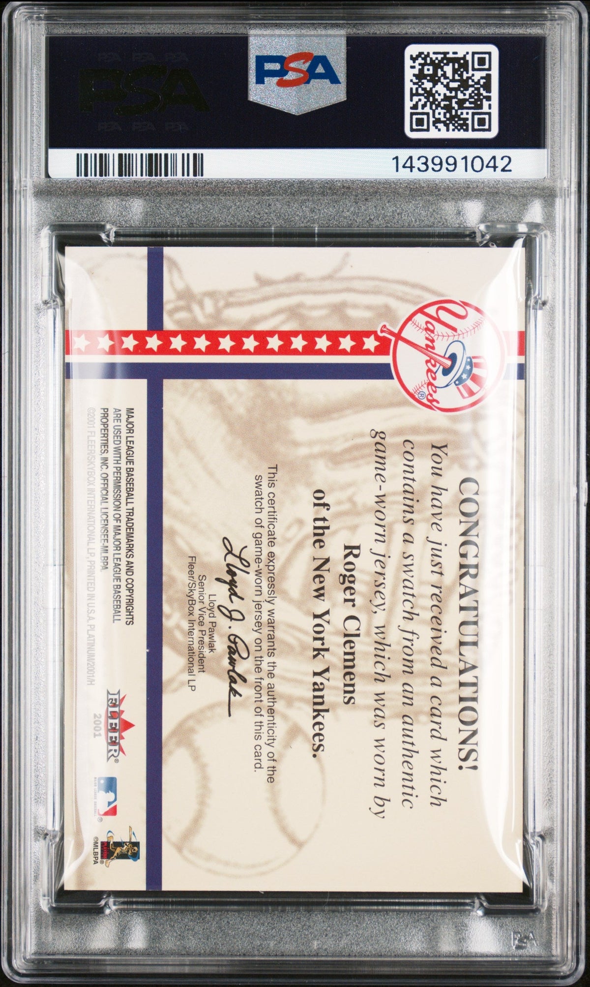 2001 Fleer Platinum National Patch Roger Clemens Signed Card Auto 10 PSA Yankees