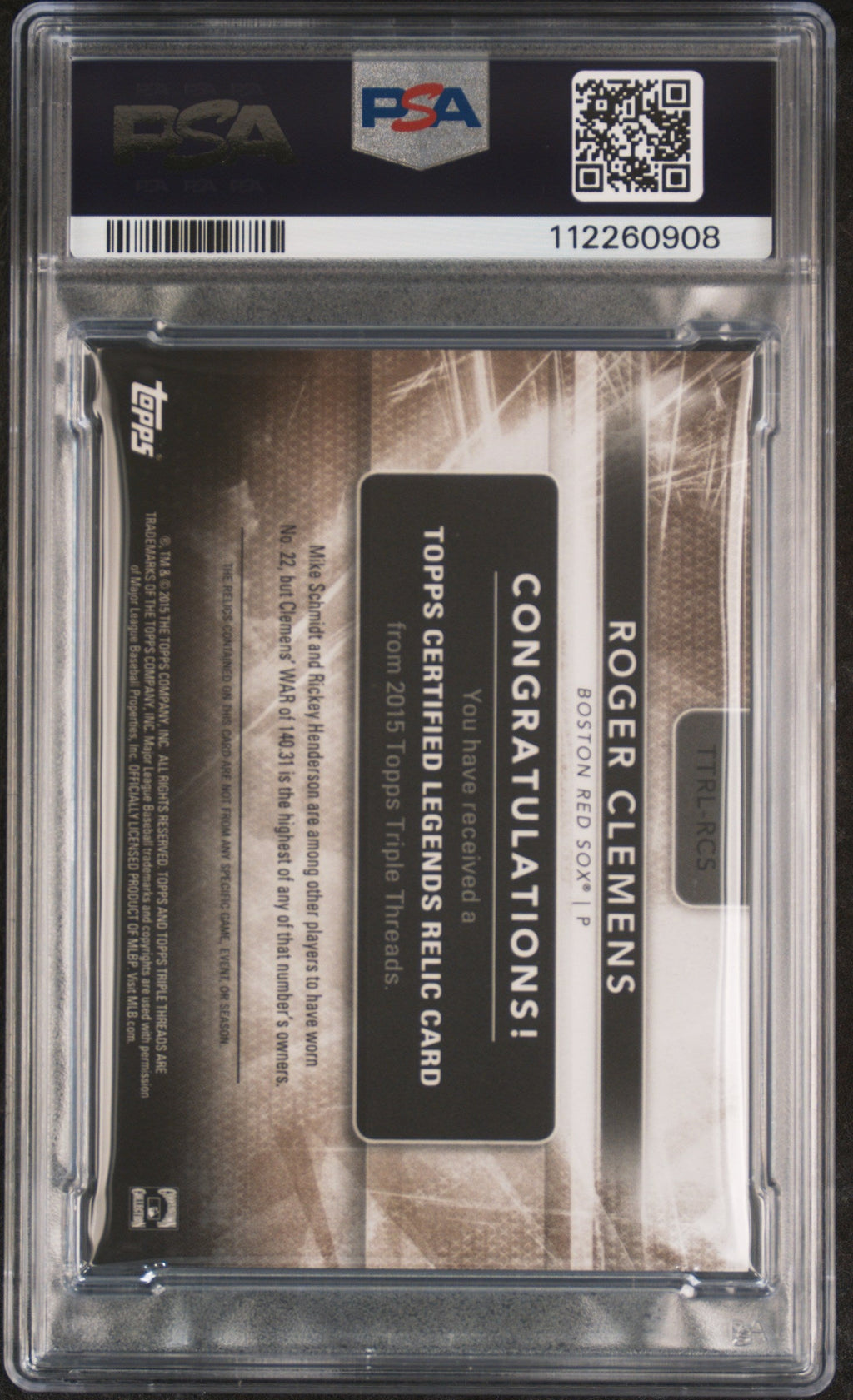 2015 Topps Triple Thrds Relic Lgnds #RCS Roger Clemens Gold signed PSA A Auto 10