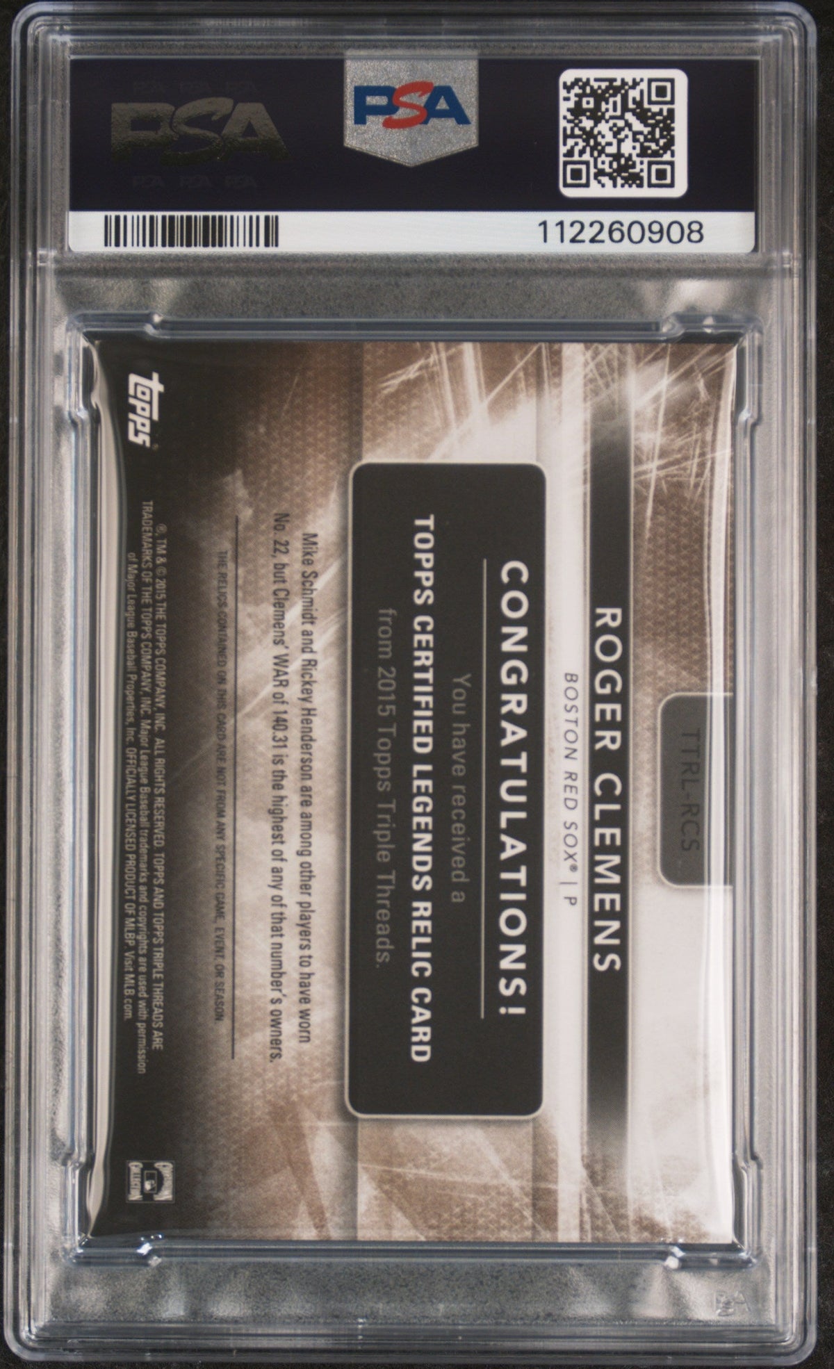 2015 Topps Triple Thrds Relic Lgnds #RCS Roger Clemens Gold signed PSA A Auto 10
