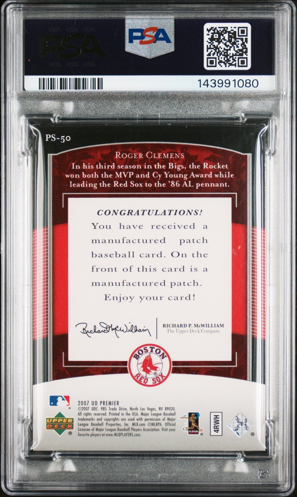 2007 Upper Deck Premier Stit #PS-50 Roger Clemens Signed Card Auto 10 PSA Red So