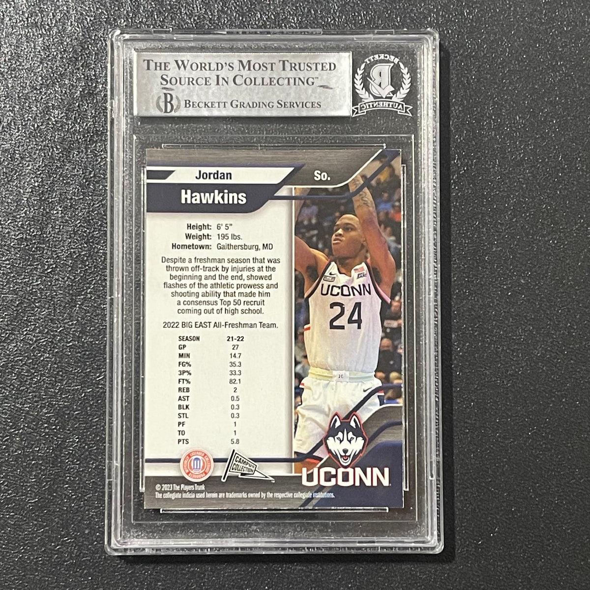 2023 Player's Trunk # So. Jordan Hawkins Signed Card BAS Auto Slabbed UConn