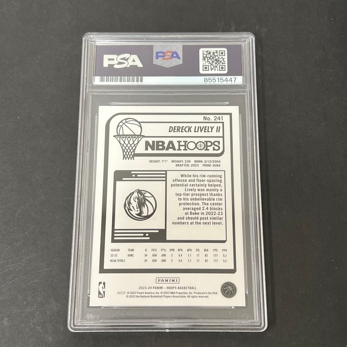 2023-24 Panini NBA Hoops #241 Dereck Lively II signed card PSA