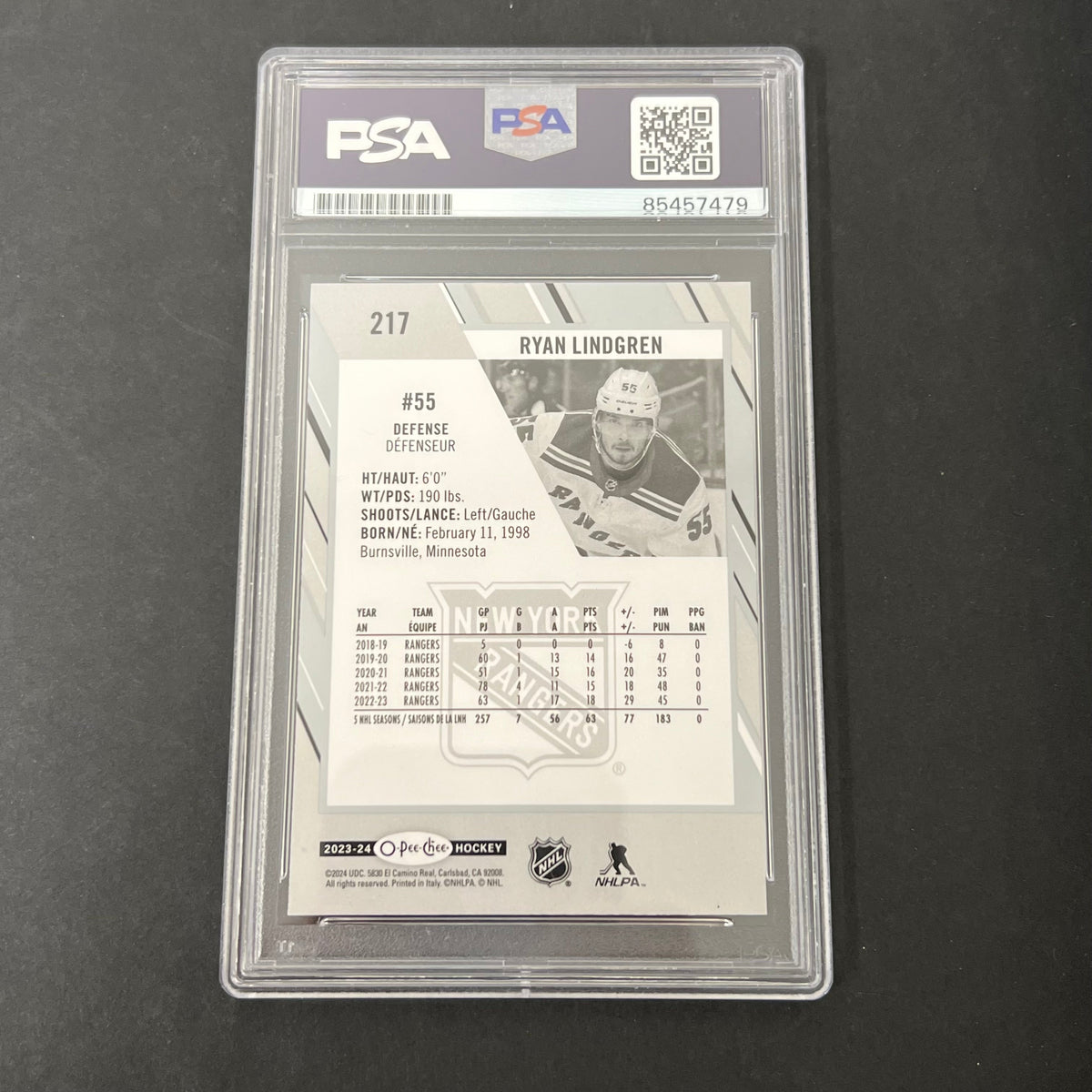 2023-24 O-Pee-Chee #217 Ryan Lindgren signed card PSA Auto 10