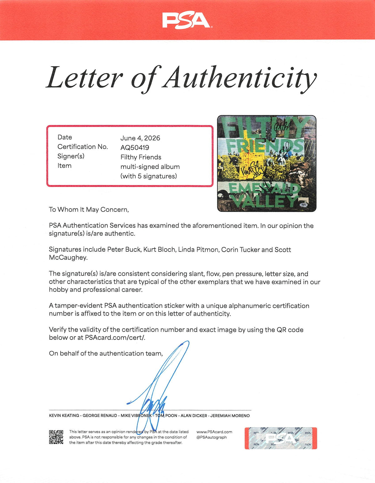 Filthy Friends Signed Emerald Valley Framed Vinyl PSA