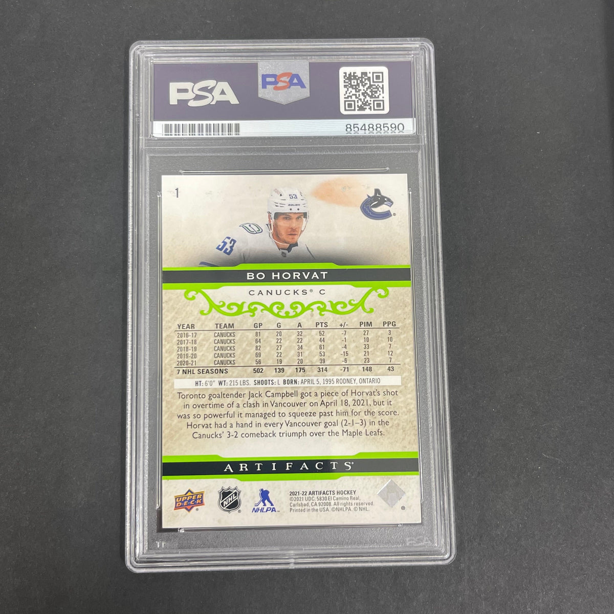 2021 Upper Deck Artifacts #1 Bo Horvat signed card PSA Auto 9 Canucks