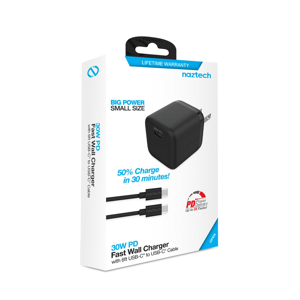 Naztech 30W PD Wall Charger + USB-C to USB-C Cable 6ft for Traveling