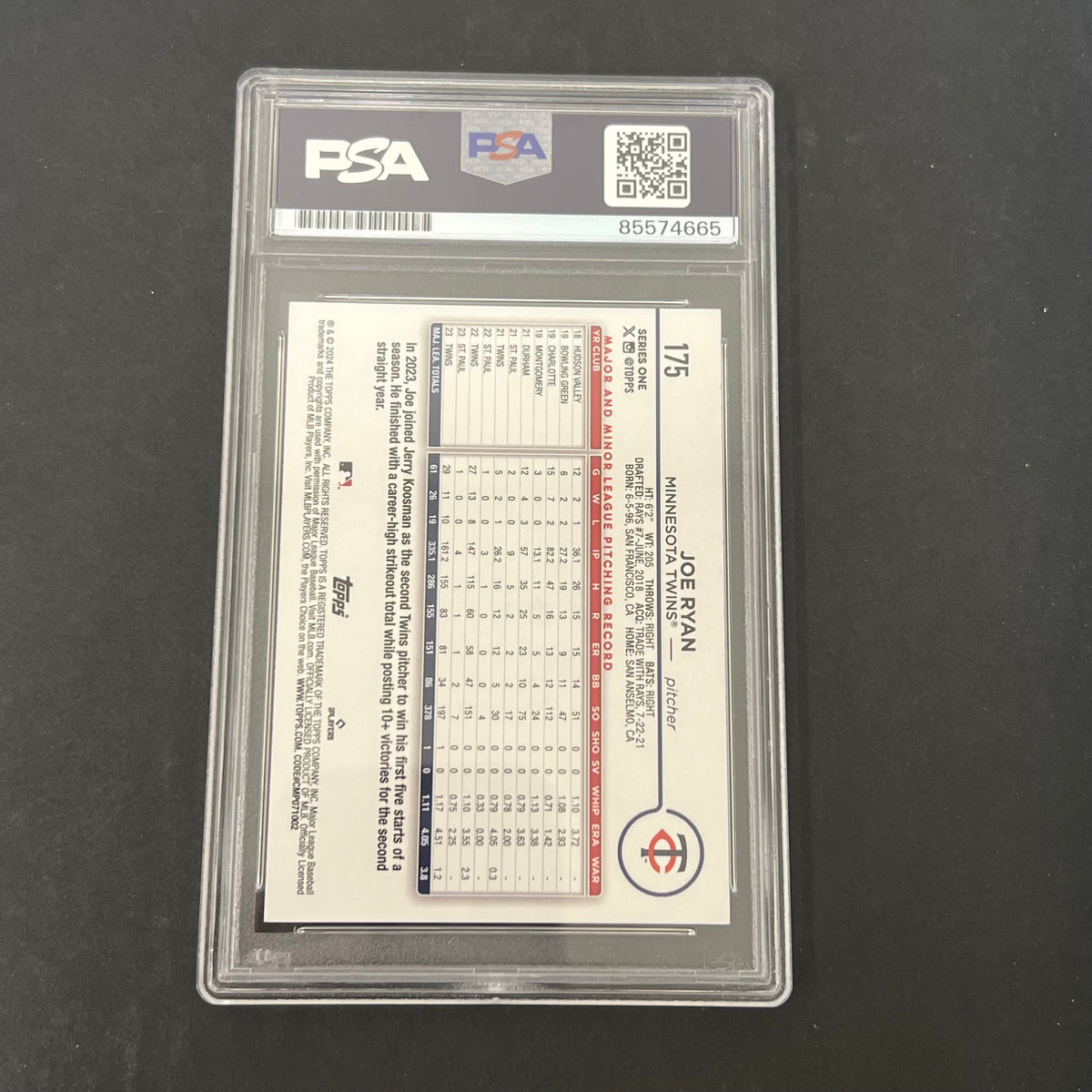 2024 Series One #175 Joe Ryan signed card PSA Auto 10 Twins