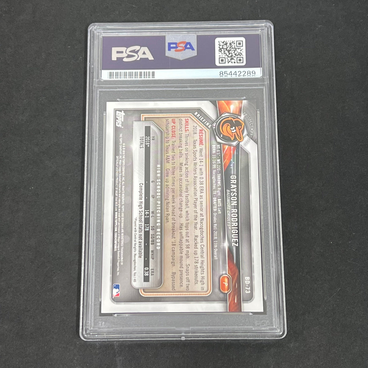 2018 Bowman First #BD-73 Grayson Rodriguez signed card PSA Auto 10 Orioles