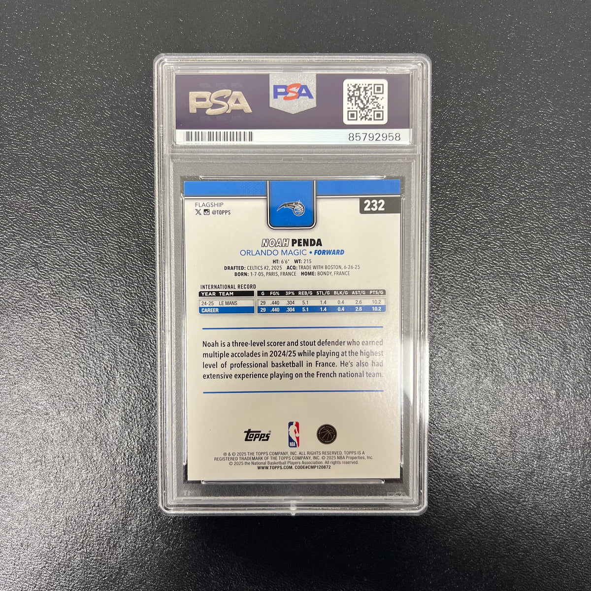 2025 Topps Rookie Card#232 Noah Penda Signed Card PSA Auto 10 Orlando Magic