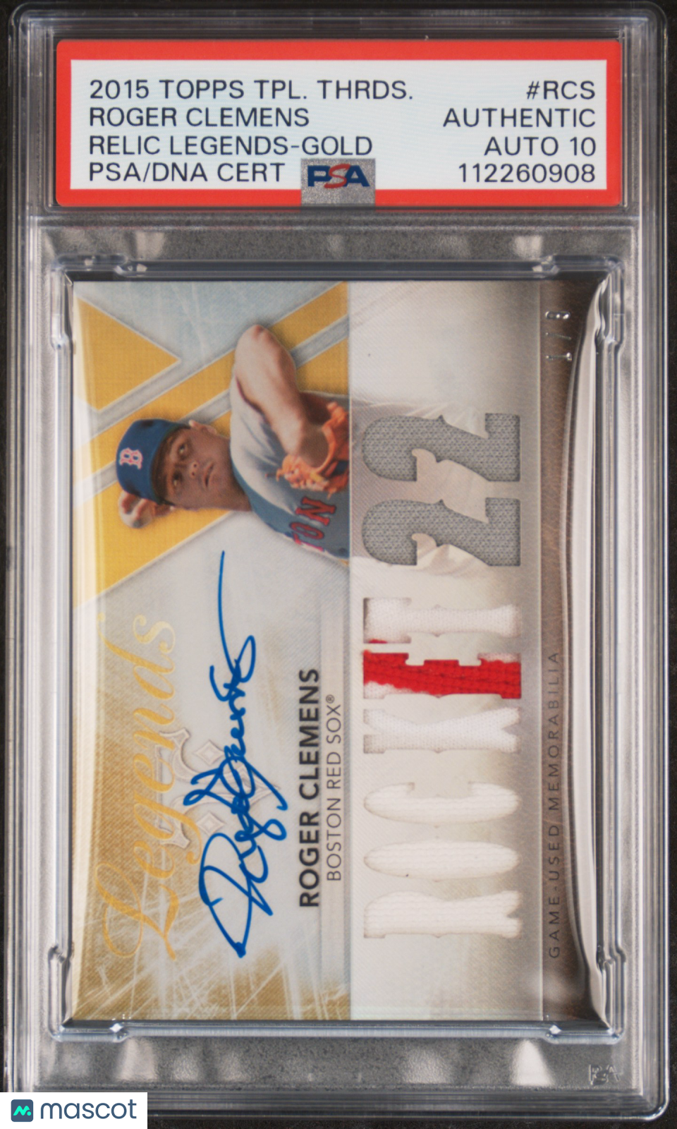 2015 Topps Triple Thrds Relic Lgnds #RCS Roger Clemens Gold signed PSA A Auto 10