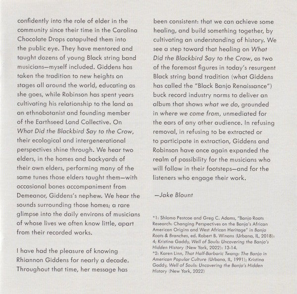 Rhiannon Giddens & Justin Robinson – What Did the Blackbird Say to the Crow Music CD