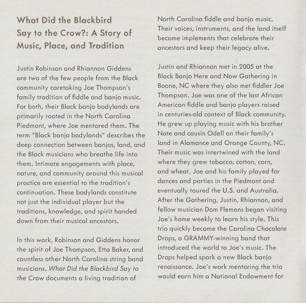 Rhiannon Giddens & Justin Robinson – What Did the Blackbird Say to the Crow Music CD