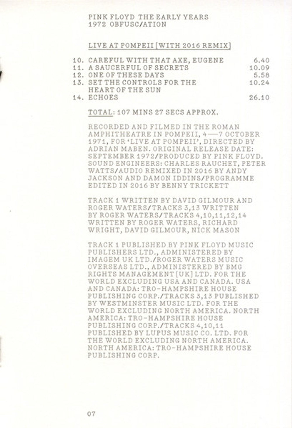 Pink Floyd – 1972 Obfusc/Ation (2-CD/DVD/Blu-ray) Music CD