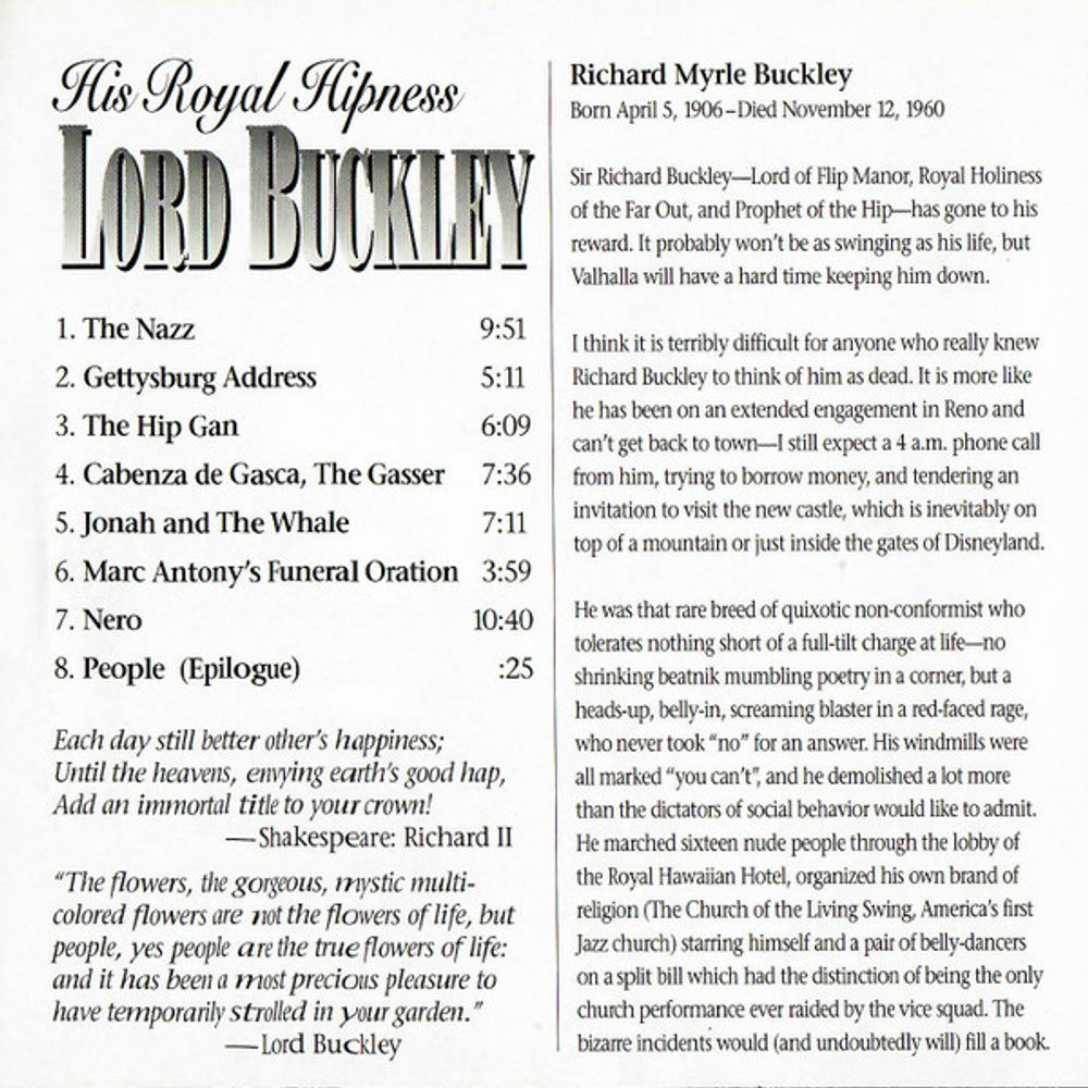 Lord Buckley – His Royal Hipness Music CD