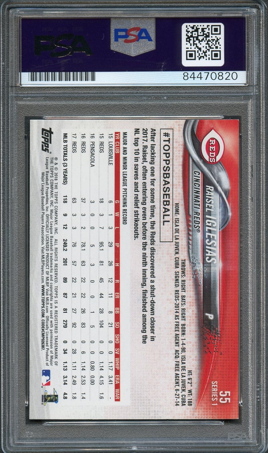 2018 Topps #55 Raisel Iglesias Signed Card PSA Slabbed Auto 10 Reds