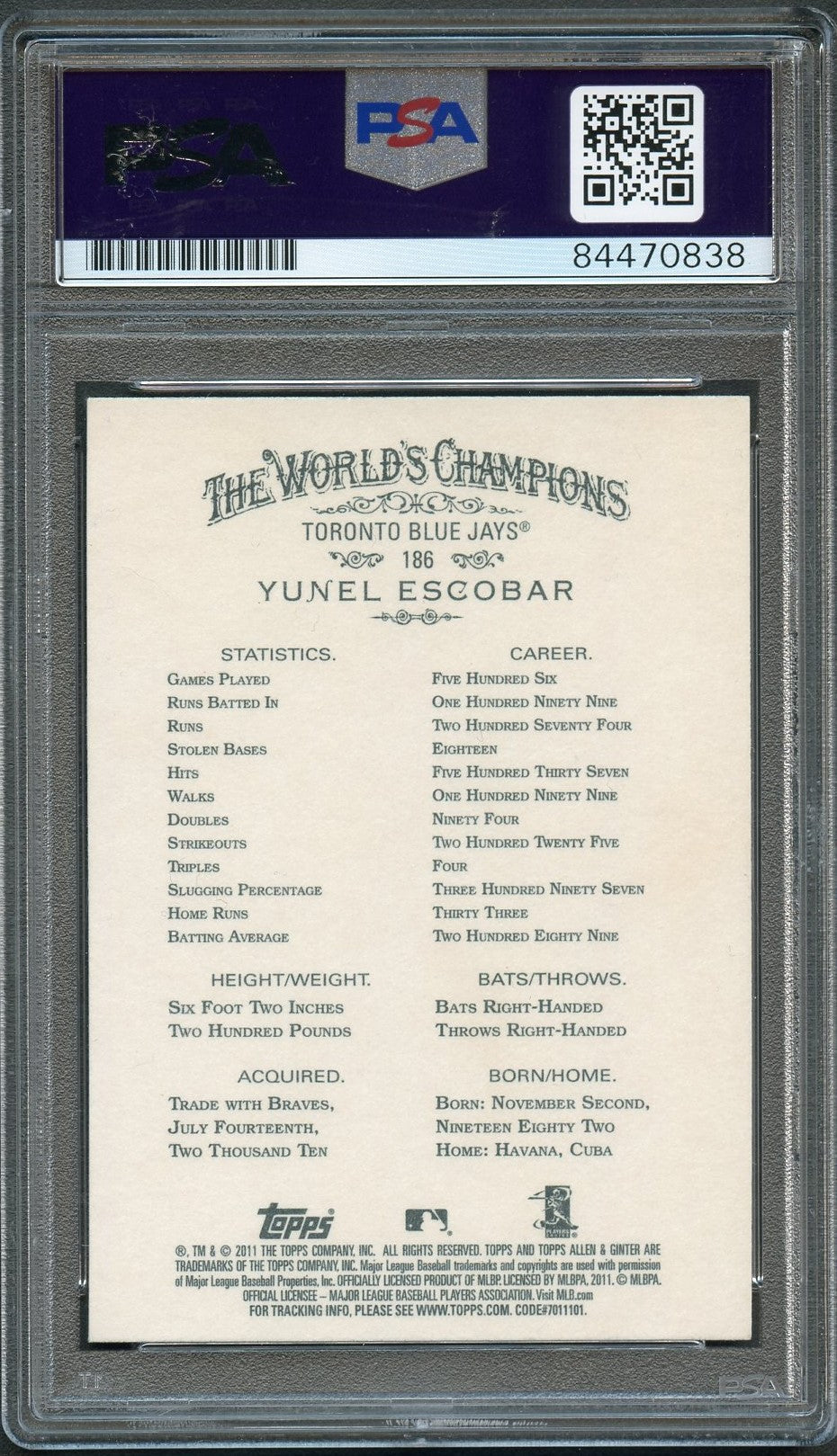 2011 Topps Allen and Ginter #186 Yunel Escobar Signed Card PSA/DNA Slabbed Autographed AUTO 10