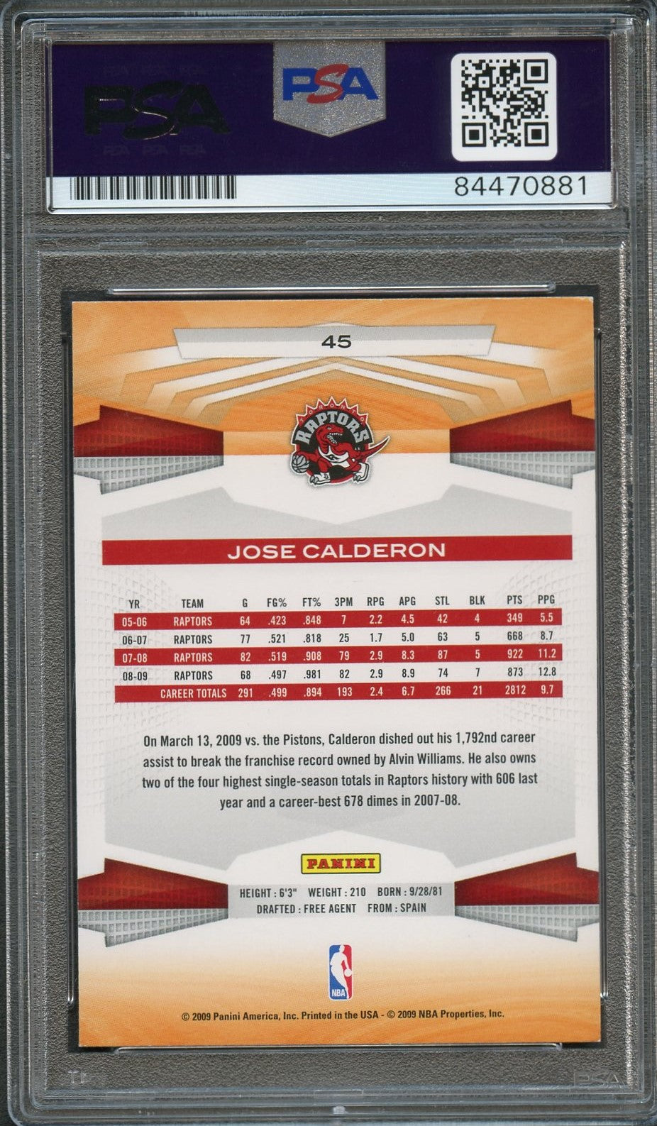 2009-10 Panini Basketball #45 Jose Calderon Signed Card AUTO 10 PSA Slabbed Raptors