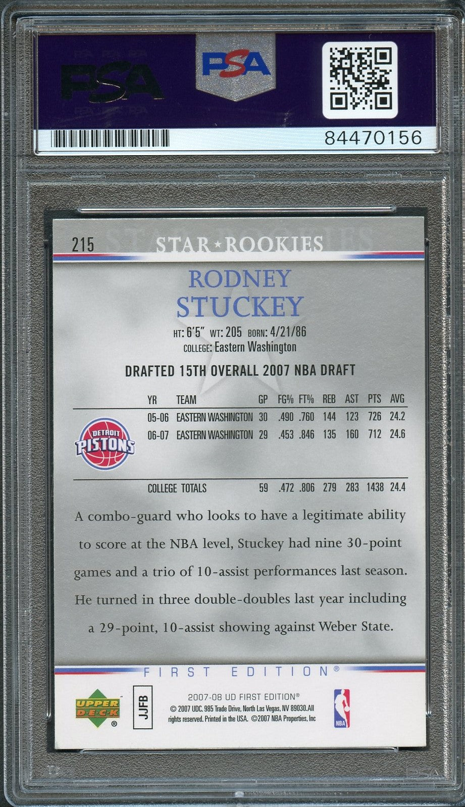 2007 Upper Deck First Edition #215 Rodney Stuckey Signed Card AUTO PSA Slabbed Pistons