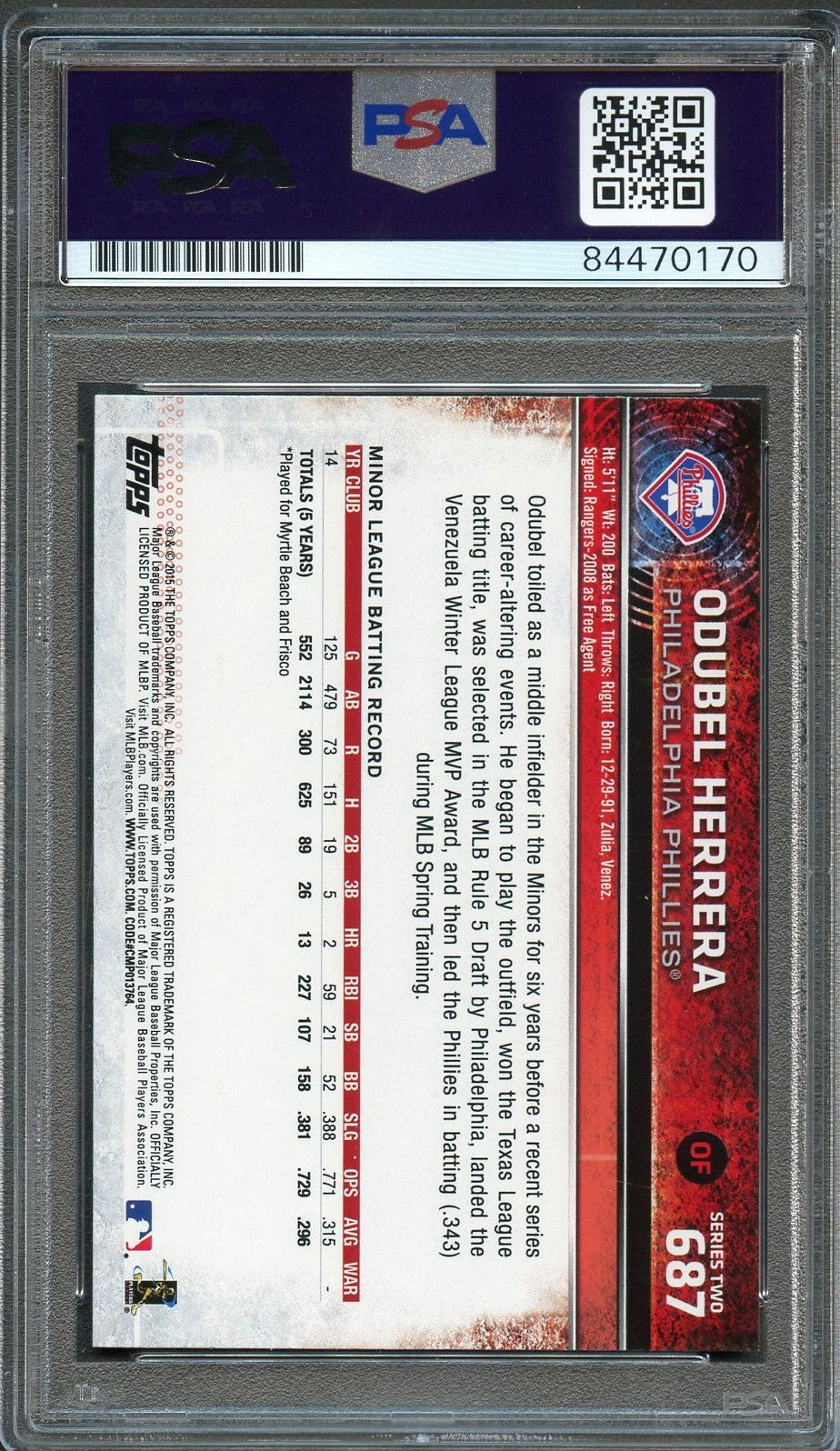 2015 TOPPS #687 ODUBEL HERRERA Signed Card PSA Slabbed Auto RC Phillies