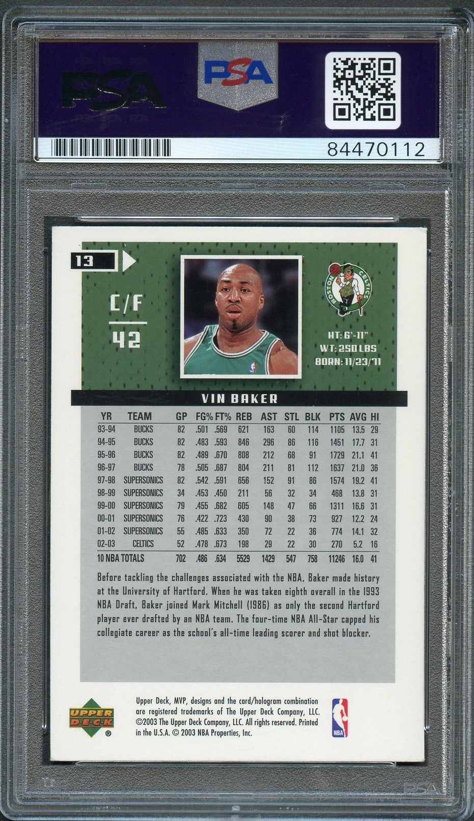 2003-04 Upper Deck MVP #13 Vin Baker Signed Card AUTO PSA/DNA Slabbed Celtics