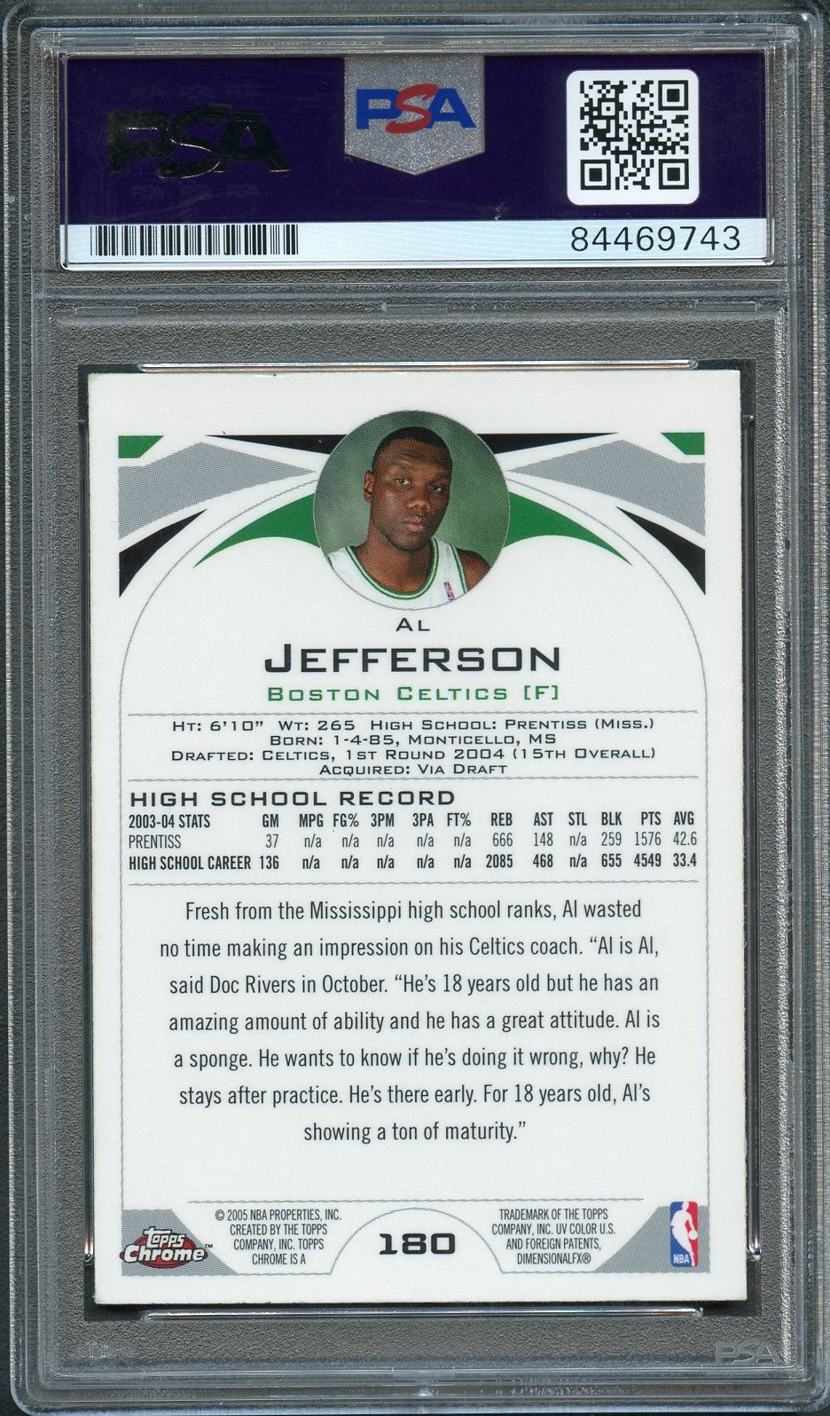2004 TOPPS CHROME #180 AL JEFFERSON Signed Card AUTO PSA Slabbed RC Celtics