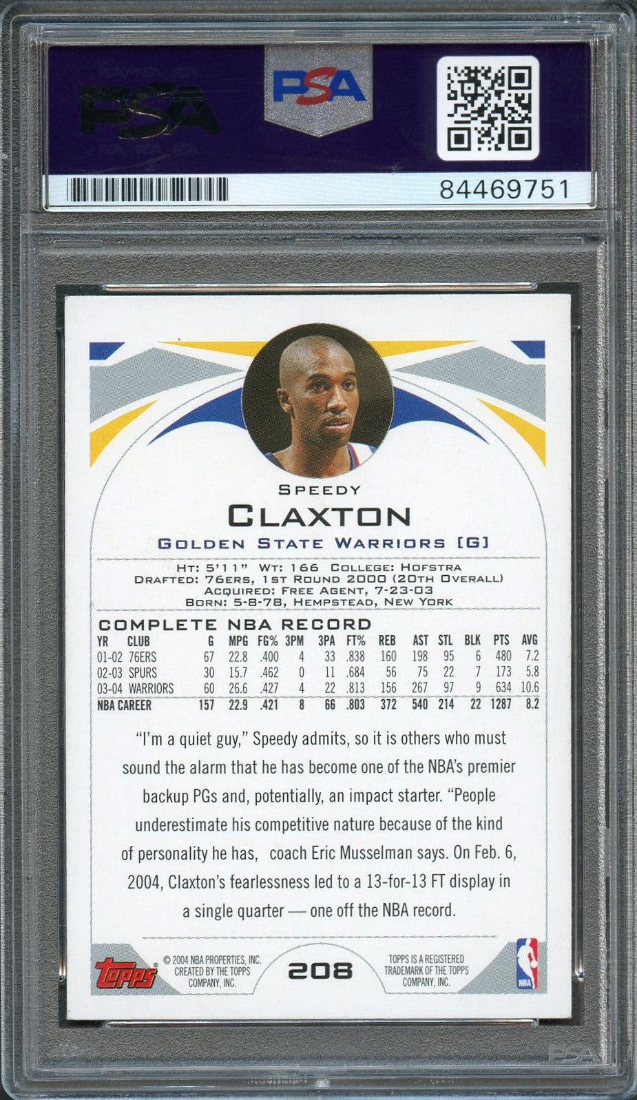 2004 Topps #208 Speedy Claxton Signed Card Auto PSA Slabbed