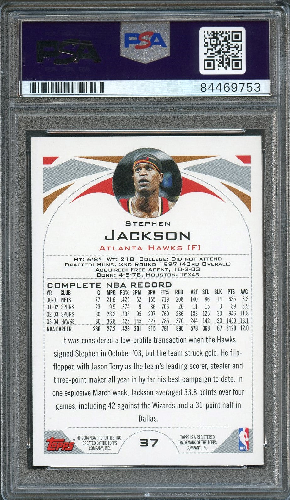 2004-05 Topps #37 Stephen Jackson Signed Card AUTO PSA Slabbed