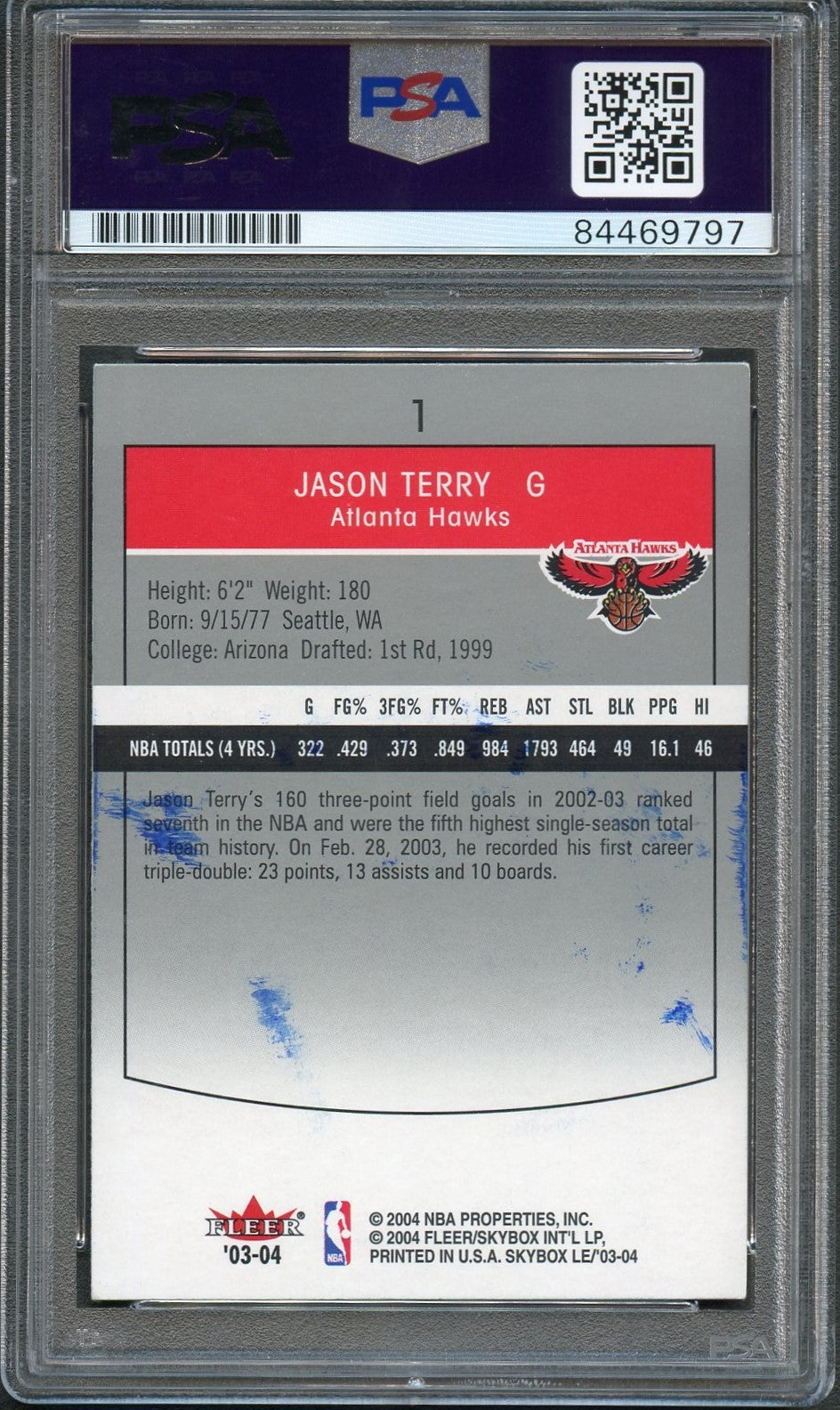 2003-04 Skybox Limited Edition #1 Jason Terry Signed Card AUTO PSA Slabbed Hawks