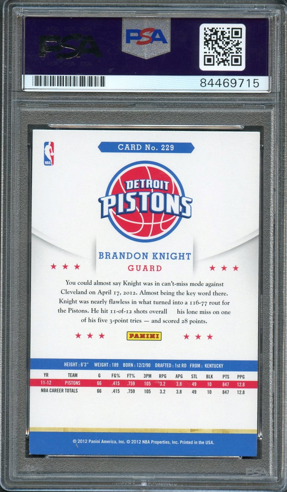 2012-13 NBA Hoops #229 Brandon Knight Signed Card AUTO PSA Slabbed Pistons