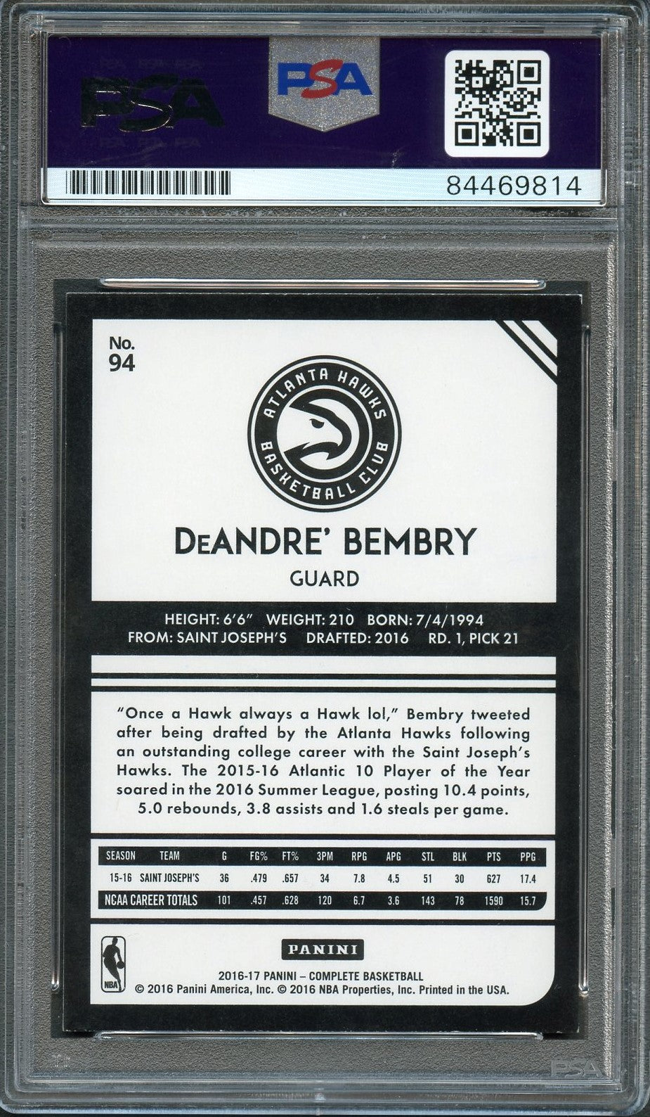2016-17 Panini Complete #94 Deandre Bembry Signed Card AUTO PSA Slabbed RC