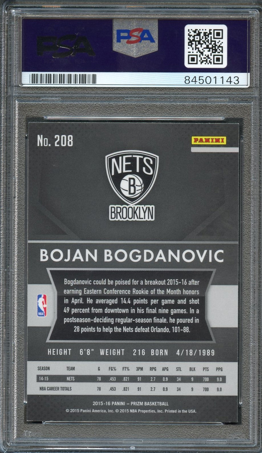 2015-16 Panini Prizm #208 Bojan Bogdanovic Signed Card AUTO PSA Slabbed Nets