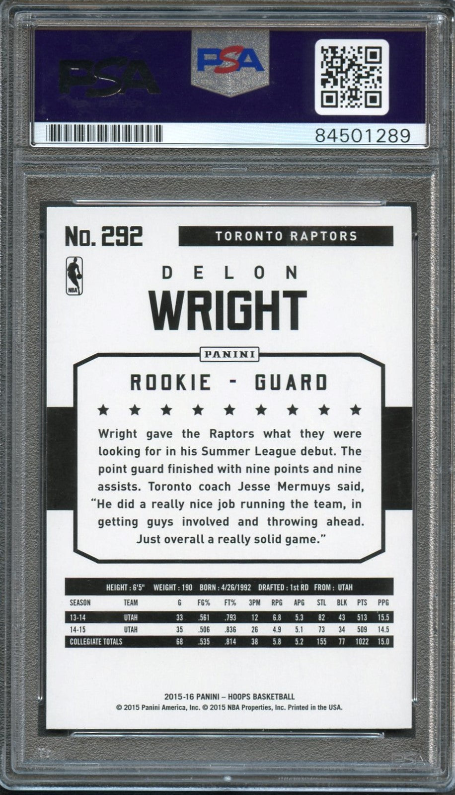 2015-16 NBA Hoops #292 Delon Wright Signed Card AUTO PSA Slabbed RC Raptors