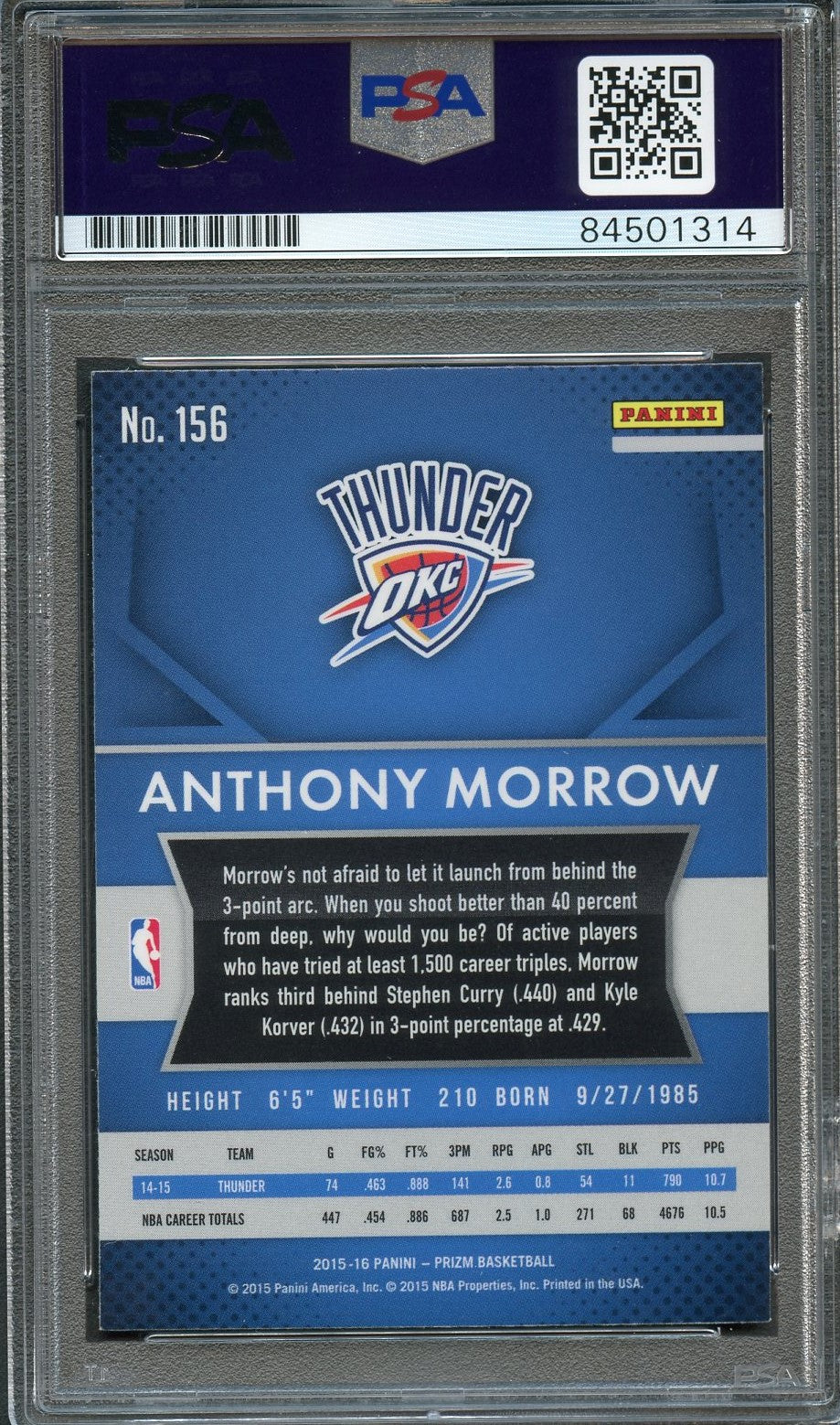 2015-16 Panini Prizm #156 ANTHONY MORROW Signed Card AUTOGRAPHED PSA Slabbed Thunder