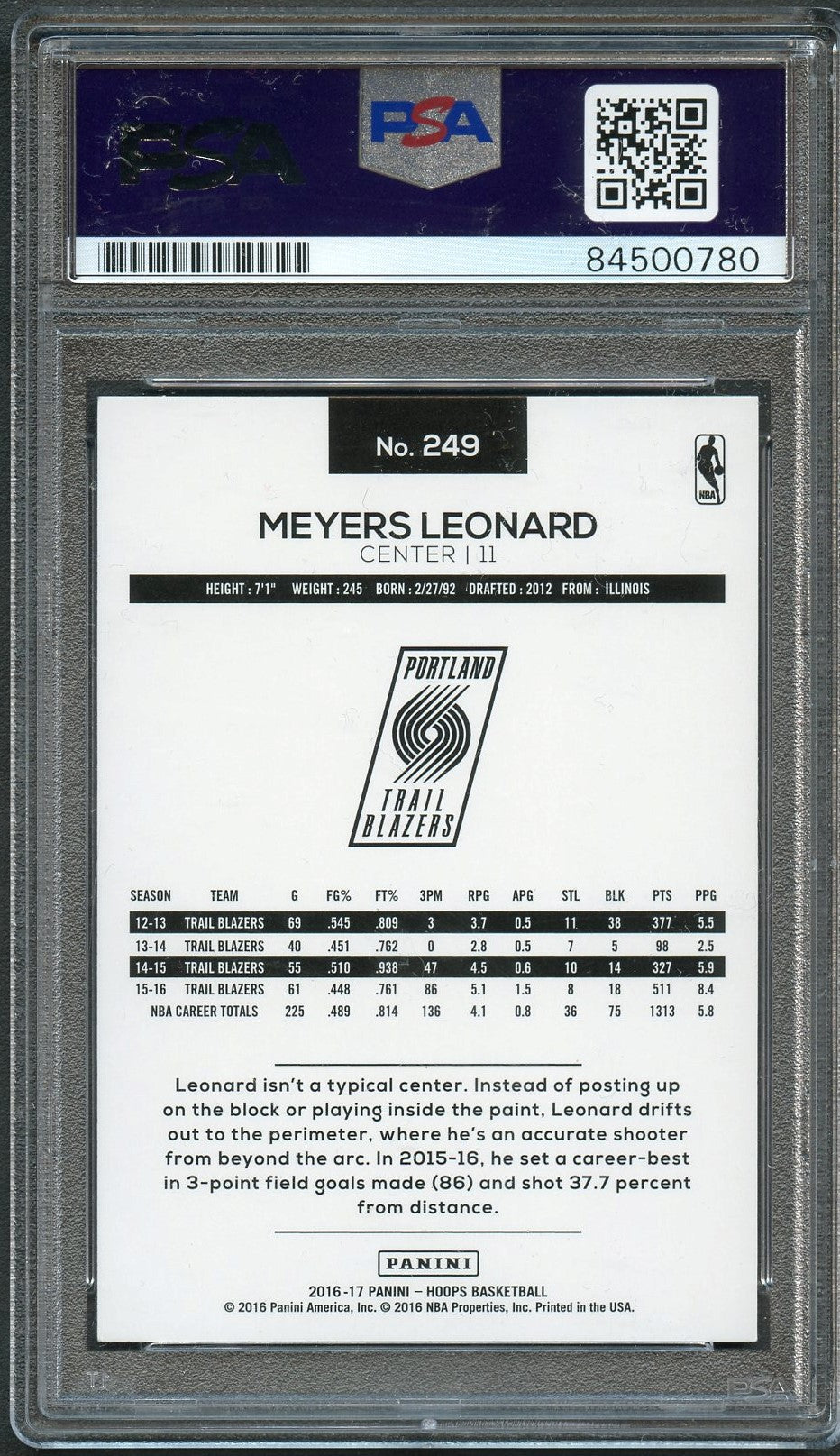 2016-17 NBA Hoops #249 Meyers Leonard Signed Card AUTO 10 PSA Slabbed Portland Trail Blazers