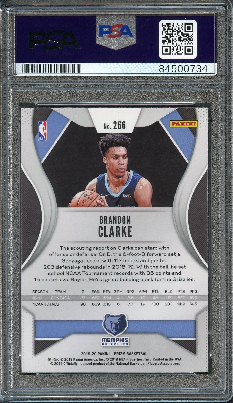 2019-20 Panini Prizm #266 Brandon Clarke Signed Card AUTO 10 PSA Slabbed RC Grizzlies