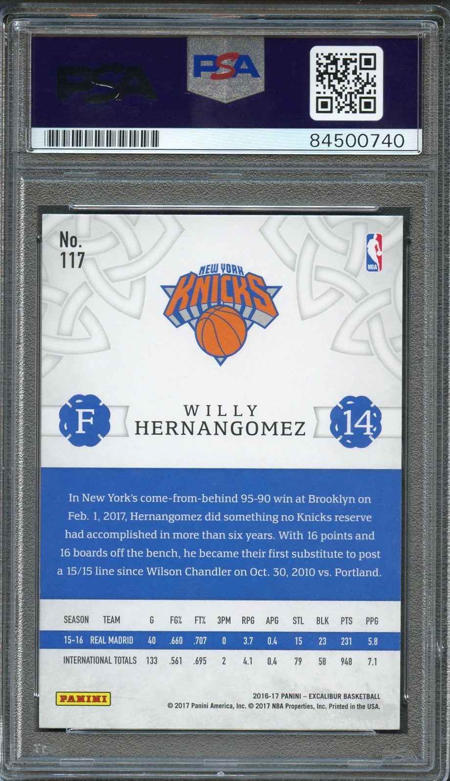 2016-17 Panini Excalibur #117 Willy Hernangomez Signed Card AUTO 10 PSA Slabbed RC Knicks