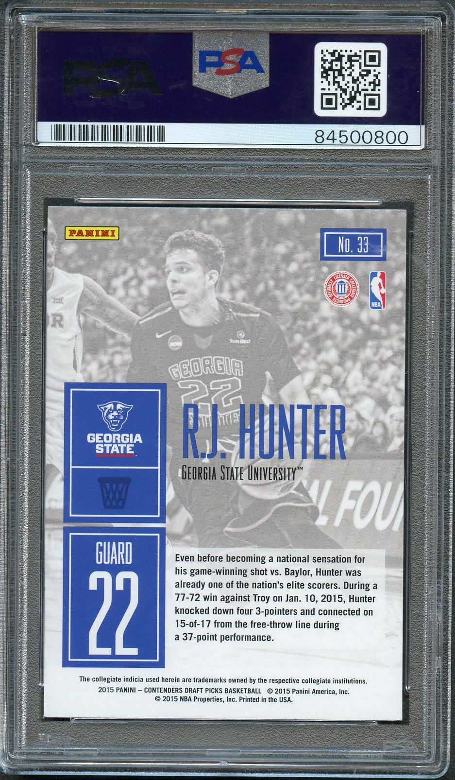 2015-16 Contenders Draft Picks #33 RJ HUNTER Signed Card AUTO 10 PSA Slabbed Georgia State