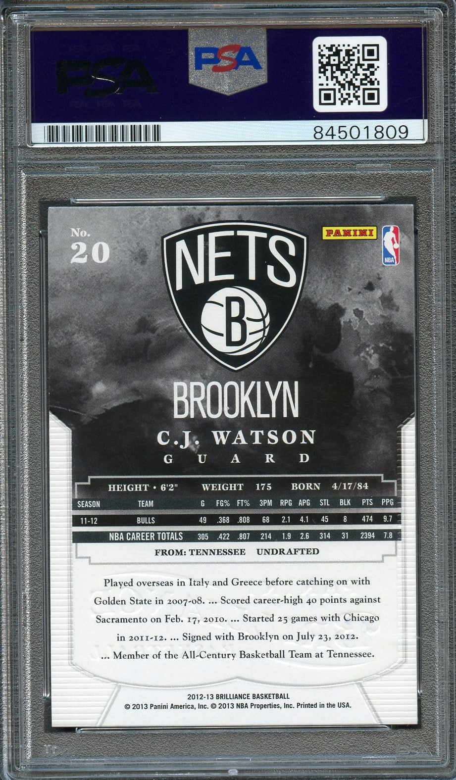 2012-13 Panini Brilliance #20 C.J. Watson Signed Card AUTO PSA Slabbed Nets