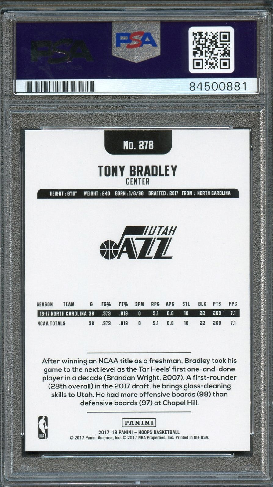 2017-18 NBA Hoops #278 Tony Bradley Signed Card AUTO PSA Slabbed RC Jazz