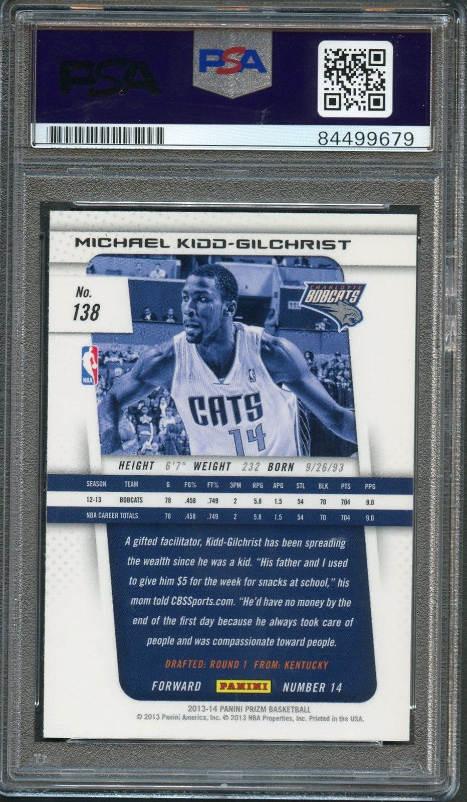 2013-14 Panini Prizm #138 Michael Kidd-Gilchrist Signed Card AUTO 10 PSA Slabbed Bobcats
