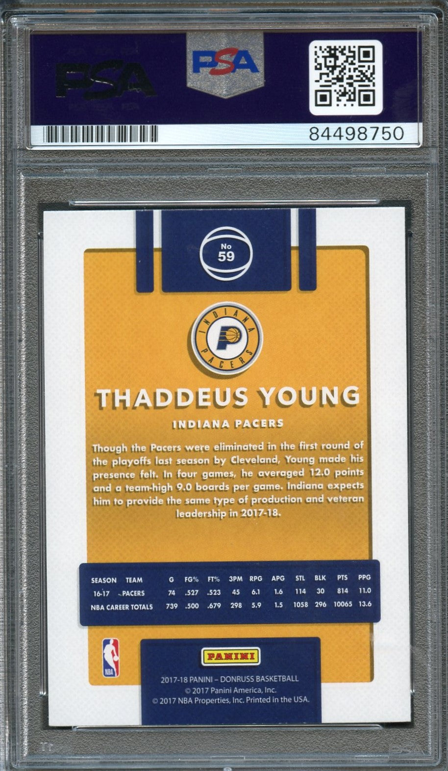 2017-18 Panini Donruss #59 Thaddeus Young Signed Card AUTO PSA Slabbed Pacers