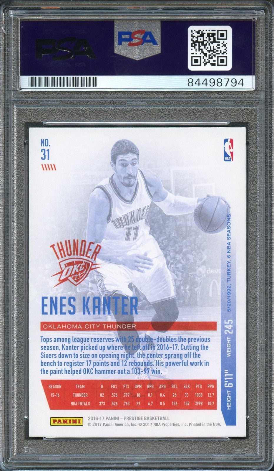 2016-17 Panini Prestige #31 ENES KANTER Signed Card AUTO PSA Slabbed Thunder